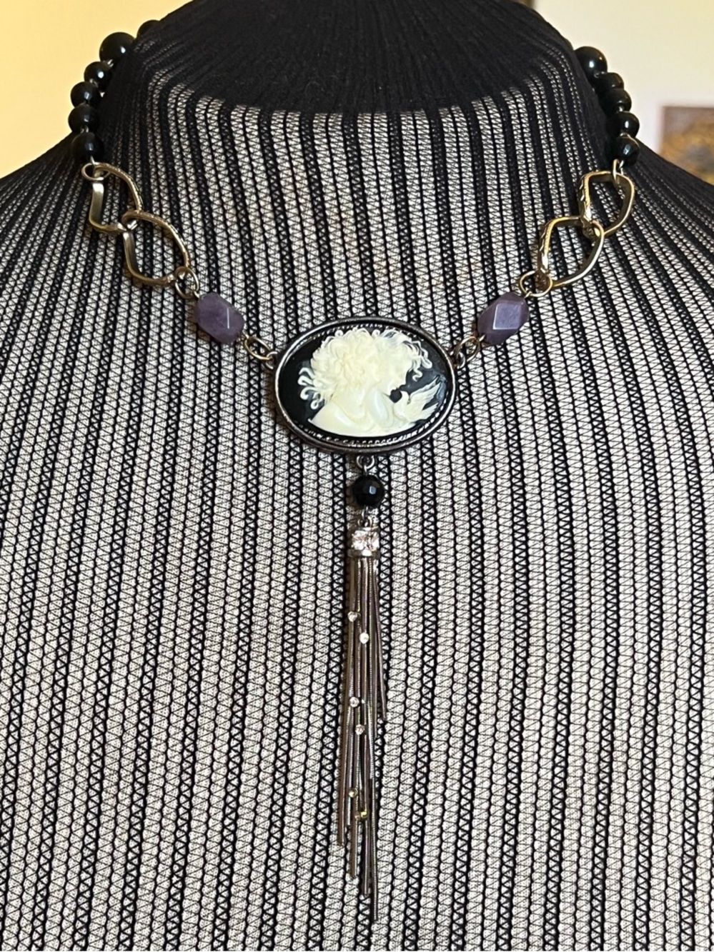 Black Cameo & Tassel Necklace - ReImagined Vintage